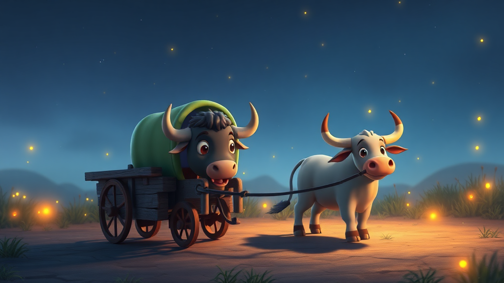 A cute cart and bull at night some fire flies around animation