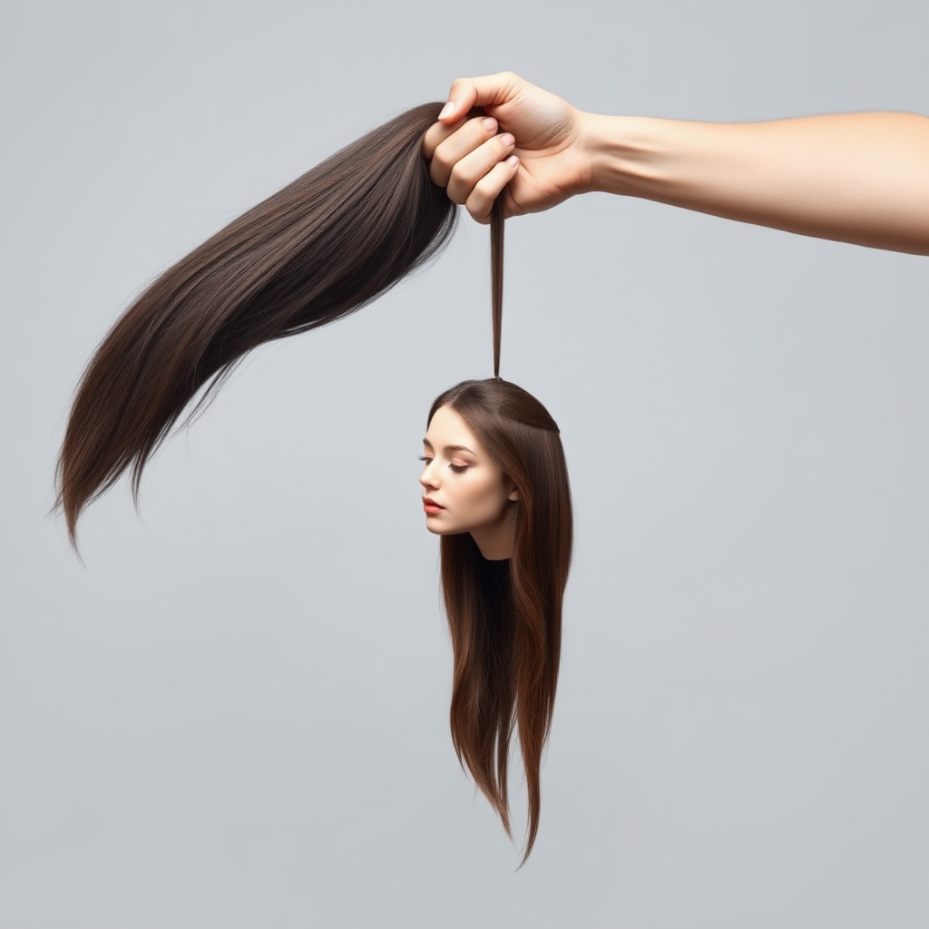 Surreal image of a very long-haired woman's beautiful disembodied head hanging by her very long hair. Her very long hair is gathered at the top of her head into a long ponytail that stretches upward into a grasped hand. Plain gray background.