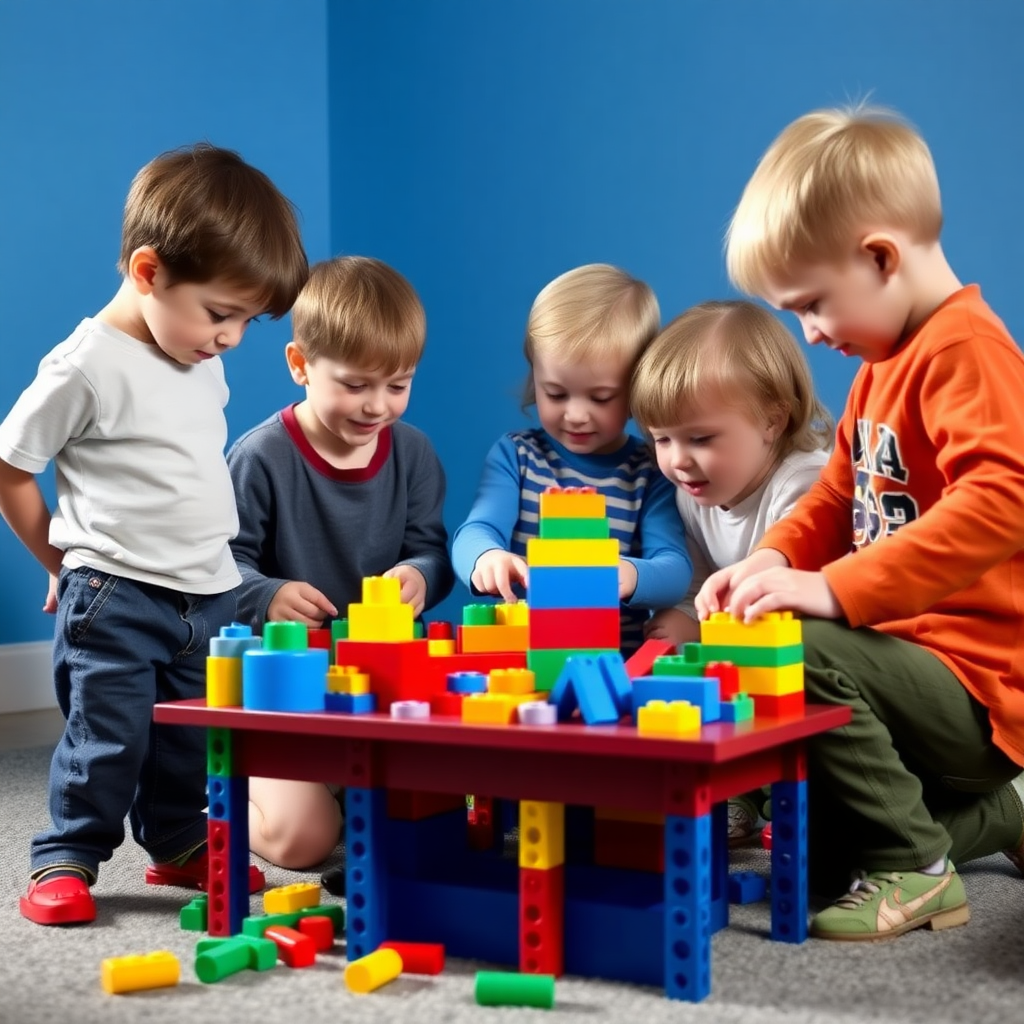 A group of 5 children with different body weights playing with toy building blocks. The age of the children should be 10 years old, and the room in which they are playing should have blue-colored walls.