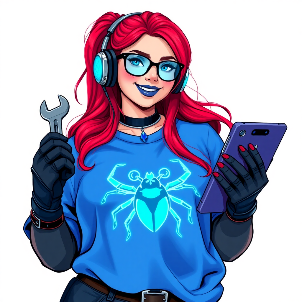 A full-sized, intelligent and tech-savvy 28-year-old computer hacker and tech genius. She has a long ruby red ponytail. She wears maximum blue lipstick, blue eyes, a sapphire beetle gemstone necklace, sapphire earrings, black eyeglasses, hi-tech power gloves, and an oversized maximum blue t-shirt featuring a neon blue glowing beetle chest icon. She has a full-figured physique with a prominent, wrecking ball-sized midsection, reflecting her well-cared-for lifestyle. She sports a sapphire headset with a hi-tech maximum turquoise lensed HUD, and a beaming smile accentuated by a passionate neon red blush. She serves as his tech expert from his hideout, holding a futuristic tool wrench and a futuristic digital tablet. The background is solid white. She is drawn as if she was in a retro 2D cyberpunk fighting game.