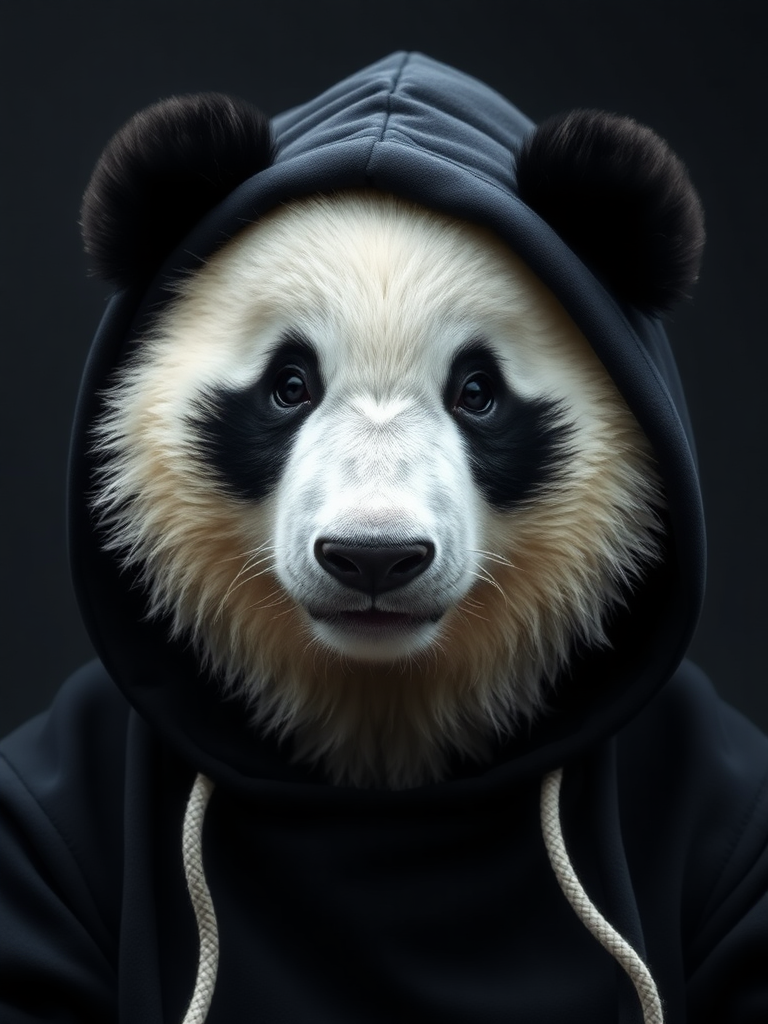 Panda bear wearing a black hoodie.