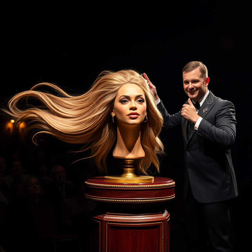 In a dimly lit theater, the atmosphere crackles with anticipation, the audience's murmurs a blend of curiosity and skepticism. On a grand, elegantly adorned display stand sits the disembodied head of the enchanting Beyoncé, her radiant skin glistening under the soft, warm glow of the spotlight. Her striking features are perfectly framed by cascading locks of lustrous, very long hair that shimmer with hues of light brown and hints of rich mahogany, reminiscent of polished silk.

Standing beside her is the magician, a charismatic figure in a sharp, tailored suit that glints with sequins in the light. With theatrical flair, he holds her voluminous hair aloft, fingers splayed wide, deftly spreading it out like a shimmering waterfall, mesmerising the audience. The hair flows like liquid night, each strand capturing the light as it falls gracefully to the ground, creating a stunning, almost surreal contrast against the stark wooden stage.

The magician’s face is lit with a confident smile, his eyes sparkling with the thrill of the performance, as he engages the audience with playful banter. Their gasps and laughter echo throughout the room, a symphony of wonder and disbelief. The scent of polished wood and fresh popcorn wafts through the air, mingling with the underlying electricity of the moment. Time seems to stand still as the audience leans in, captivated by the spectacle, a seamless blend of illusion and artistry that promises to defy reason and ignite imagination.