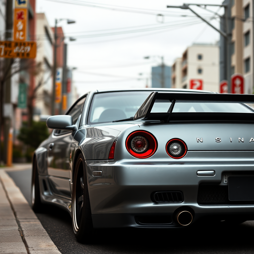 The car is parked on the side of the road, inspired by Taiyō Matsumoto, tumblr, restomod, nd4, c4 metallic shine gray black nissan skyline r34 tokyo gece cosplay kadınlar arkaplan hatasız ayrıntılı genel gerçek detaylar