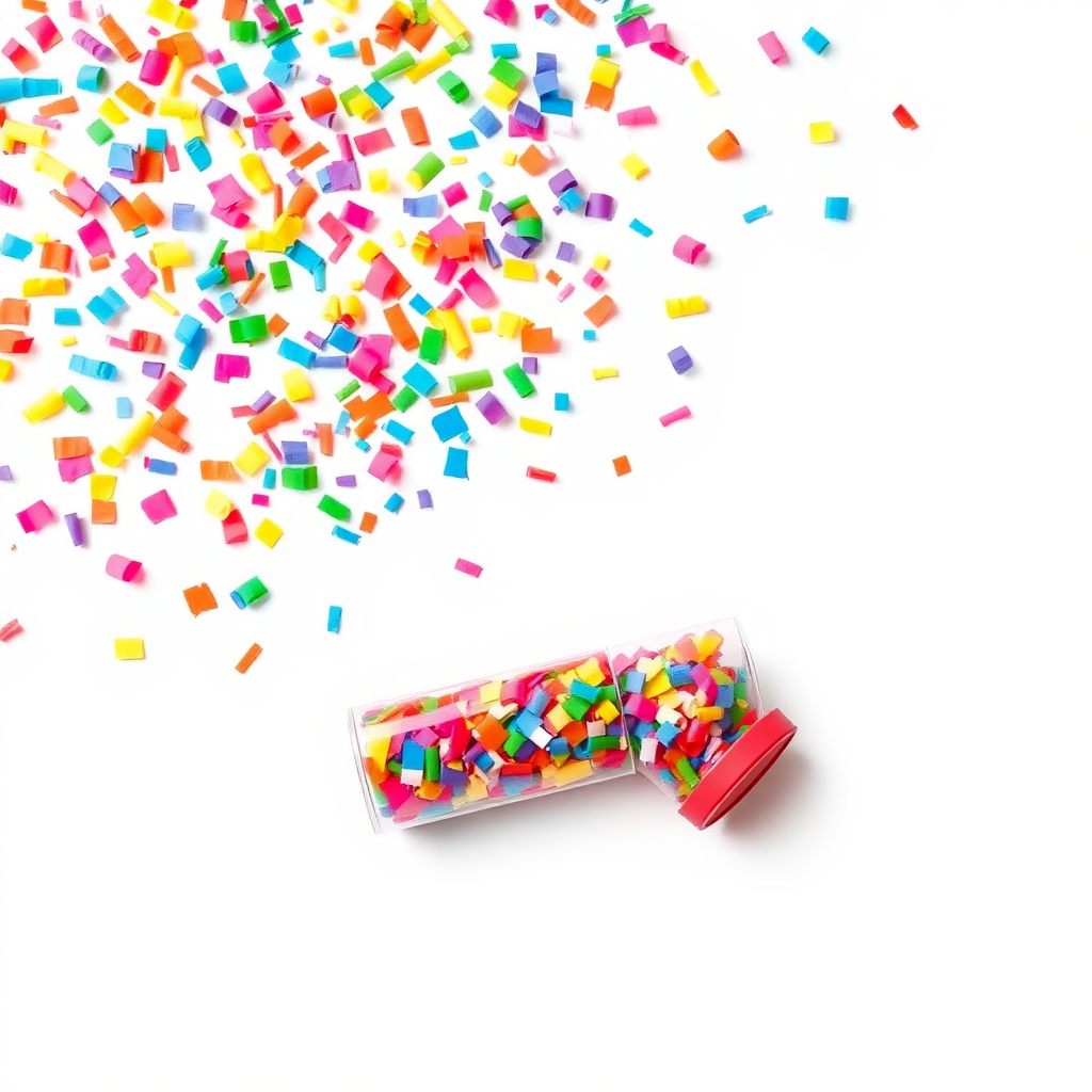 colorful confetti popper tube lying flat at an angle with confetti around it, white background, comic style