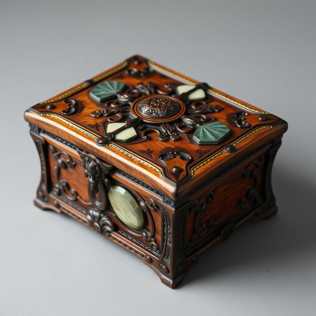 Decorative fantasy genre wooden box with stone inlay