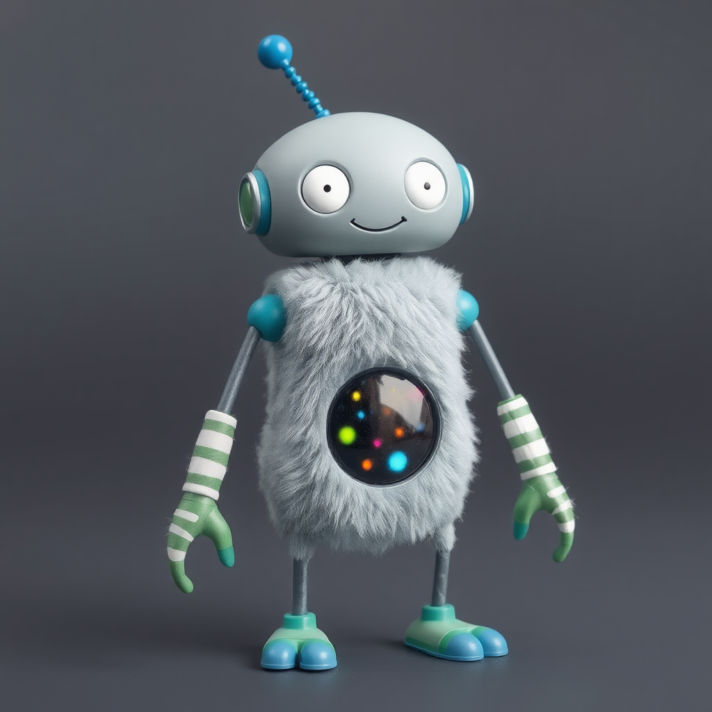 A grey thin robot with an antenna on top of its head that is blue. Has long thin legs with blue feet. Has green hands that can grip. White stripes on its arms. It has white round eyes and it smiles. Has a round display on its stomach. Has some colors over the display. Is fluffy.