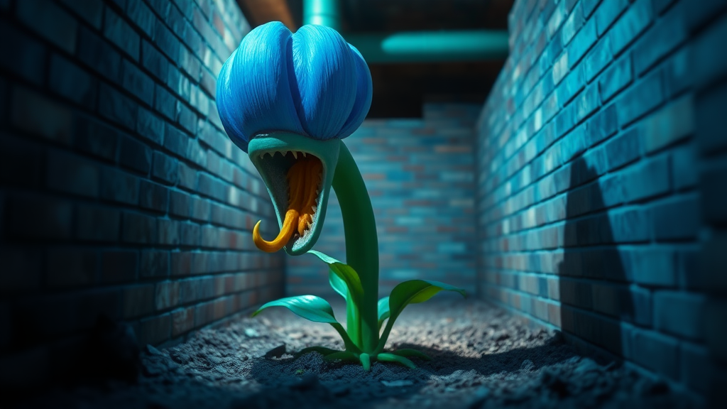 Interior. low depth of field. Underground scene with brick walls and floor. Blue tinted lighting. a large green drain pipe sticks out of the ground. growing out of the pipe opening, a monster with the head of a blue flower bulb, large mouth with pointy yellow teeth. Its body is a green flower stem with green leaves.