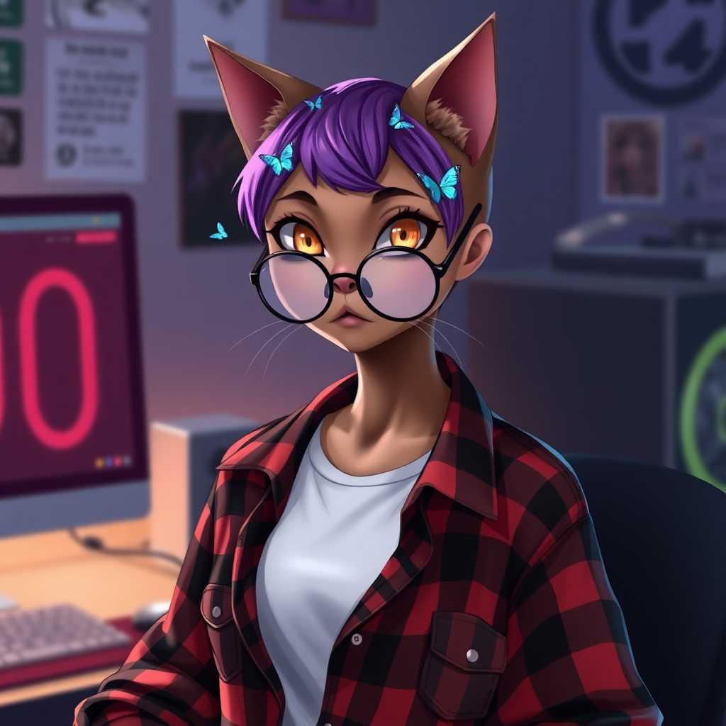 female cat-man with no breasts/flat chest, serious brown color with small blue butterflies on the head, with a purple UNDERCUT hairstyle, hazel eyes, wearing semi-round glasses, a red and black open checkered shirt over a white t-shirt, in front of a desk with a gaming PC, in digital art