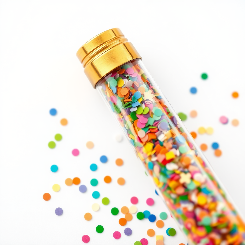 glass tube full of colorful confetti and golden metallic cap, white background, realistic, beautiful