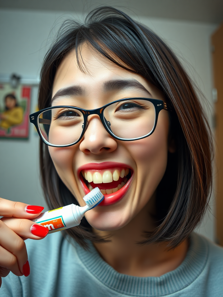 detailed, perfect proportion, high realism, real casual photo, japanese nerdy skinny woman with big nose, big mouth, big yellowish teeth, moles, big eyeglasses and medium hair, retarded, she is putting a toothpaste called "CUM" on her toothbrush