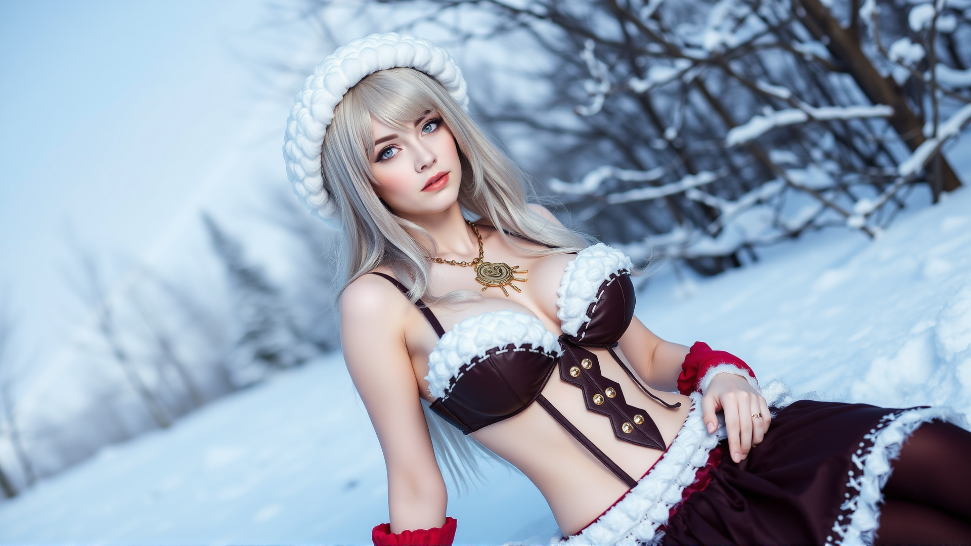 photo,1 russian beautiful girl,huge breasts,slim,white skin,24 years old,full body,outdoor,snow,cosplay,