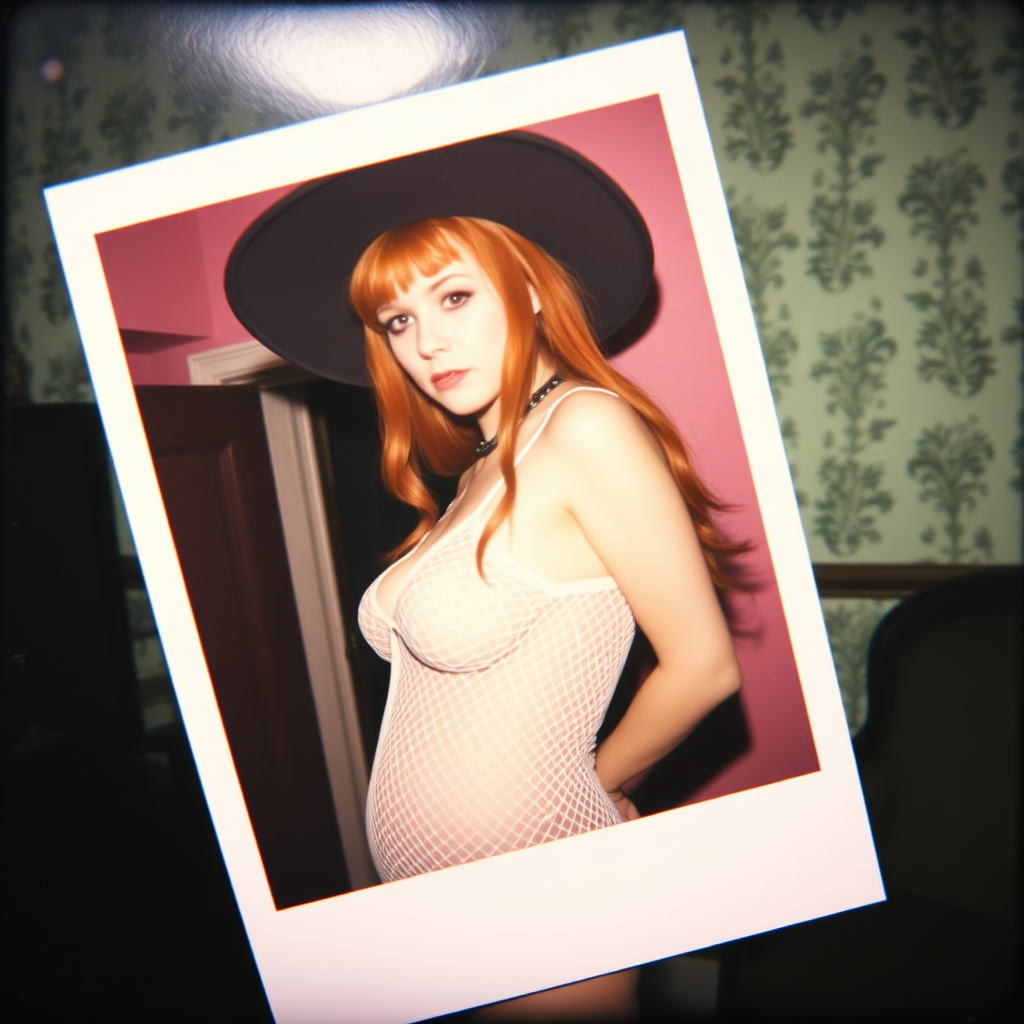 Scan of an old polaroid photo with heavy dark vignetting and a pink color tint to the photograph and visible light leaks. The photo depicts a sexy alt goth girl with pale skin and red hair. She has a plump booty. She has large breasts with ample cleavage and is wearing a white fishnet bodysuit. She is wearing a witch hat. The image looks hazy and grungy. She is in an old house with wallpaper on the walls. Dark lighting with camera flash used. Candid