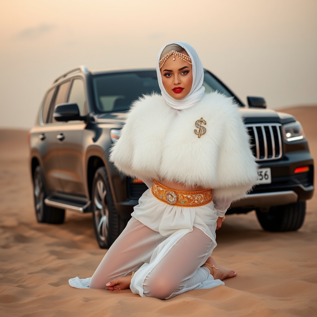 Kuwait desert dunes misty dawn, full size luxury SUV: Melissa, European 17 years old very convincing femboy “trophy-bimbo”, tamed servile docile, very beautiful feminine flawless face, rather short, by hormones very curvaceous womanly figured, platinum blond short tight curls, bold red lips, heavily made-up face, wearing Supertanya-style fluffy very fuzzy bright white angora turtleneck-poncho cropped ending under bust decorated with pearls and gemstones, striking oriental wide gold bridal protection belt, white fully transparent harem pants, full Oriental bridal jewelry including headpiece, white transparent Burka face veil covering noose and mouth, coin anklets, striking diamond “$$$” letter brooch on left chest, pout frustrated, hands tied behind back, kneeling in sand in front of SUV, looking at camera. Focus on face and turtleneck-poncho.