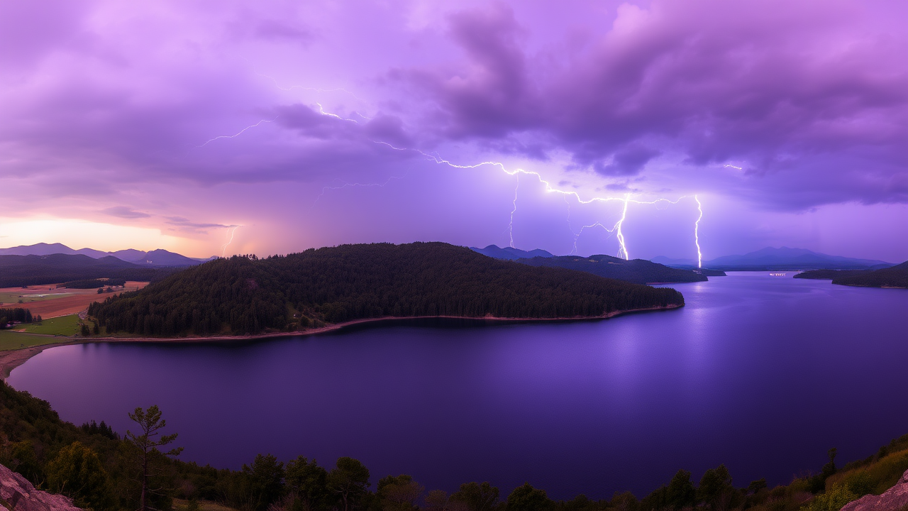 photo, lakes, nature, purple sky, lightning