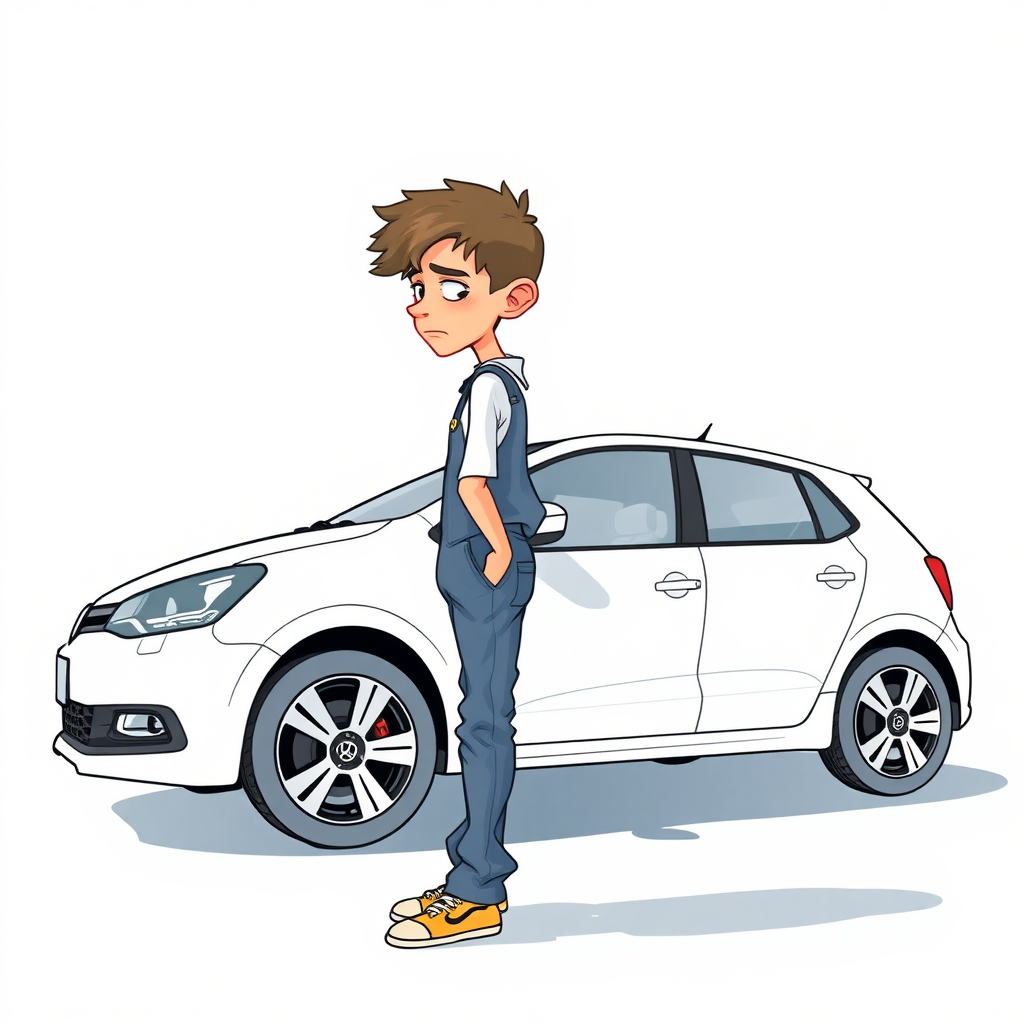 shy nervous small 18 year old european skinny man, coveralls, tense fabric, head down, looking from a distance at a white VW Polo V, side view, detailed feet, 2D, caricature, cartoon, Sketch lines, coloring book, coloring book