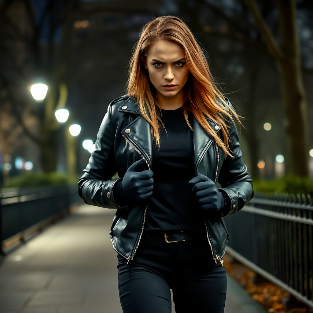 A beautiful angry female burglar in a black leather jacket over a black t-shirt with black pants and gloves in a Manhattan park at night.