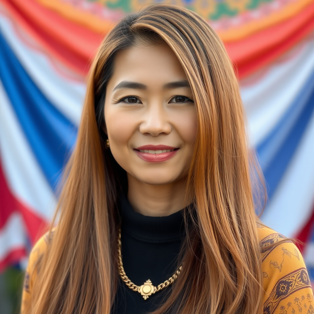 A 45 Year young North-East Thai Women with gold and violet colored long straight Hair and a fine Gold chain.