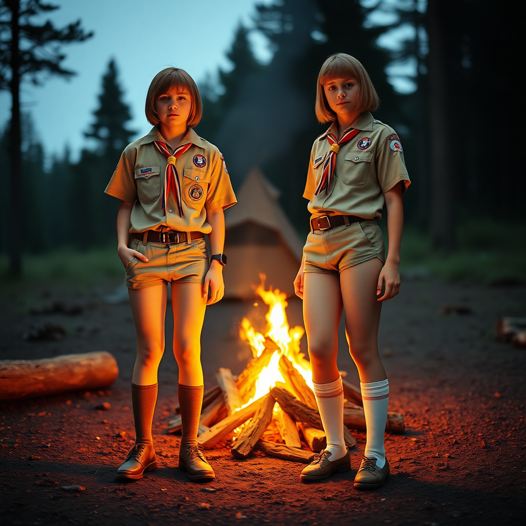 two tall 14yo teen boys, long bob cut, wearing American boy scout uniform with uniform matching very tight booty shorts, tube socks, shoes, long legs, narrow thighs. a campfire. full-length view. 1980s. photorealistic, ultra high resolution, 16K, Negative: grainy, blurry, bad anatomy, extra limbs, watermark.