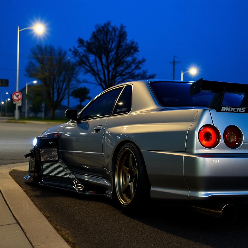 the car is parked on the side of the road, inspired by Taiyō Matsumoto, tumblr, restomod, nd4, c4 metallic shine nissan skyline r34