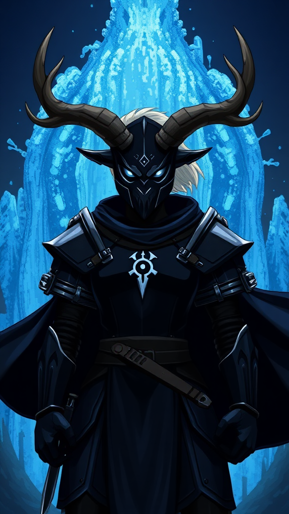 (Anime-pixel art) background of a massive blue-black-dark fountain erupting into the air, a fierce and violent knight stands poised for battle. She wears sleek, black knight armor, marked by a small white eye symbol at its center, exuding an air of intimidation. Her face is obscured by a terrifying goat-like mask, with a single glowing white eye on the right, and another white eye symbol perched at the top of the mask, adding to her menacing presence.

The knight's imposing silhouette is accentuated by two large, dark-silver shoulder guards that gleam ominously in the darkness. Draped behind her is a flowing dark-blue cape that billows dramatically, hinting at her formidable power. Atop her head, two impressive deer antlers rise, further enhancing her fearsome appearance, while her short, tousled blonde hair peeks out from beneath the mask, she is holding in her knife-with black-dark magic meant to open dark fountains.

This is the Roaring Knight, known as Mayor Holiday from Deltarune, captured in a striking full-body view that highlights both her ferocity and enigmatic allure.