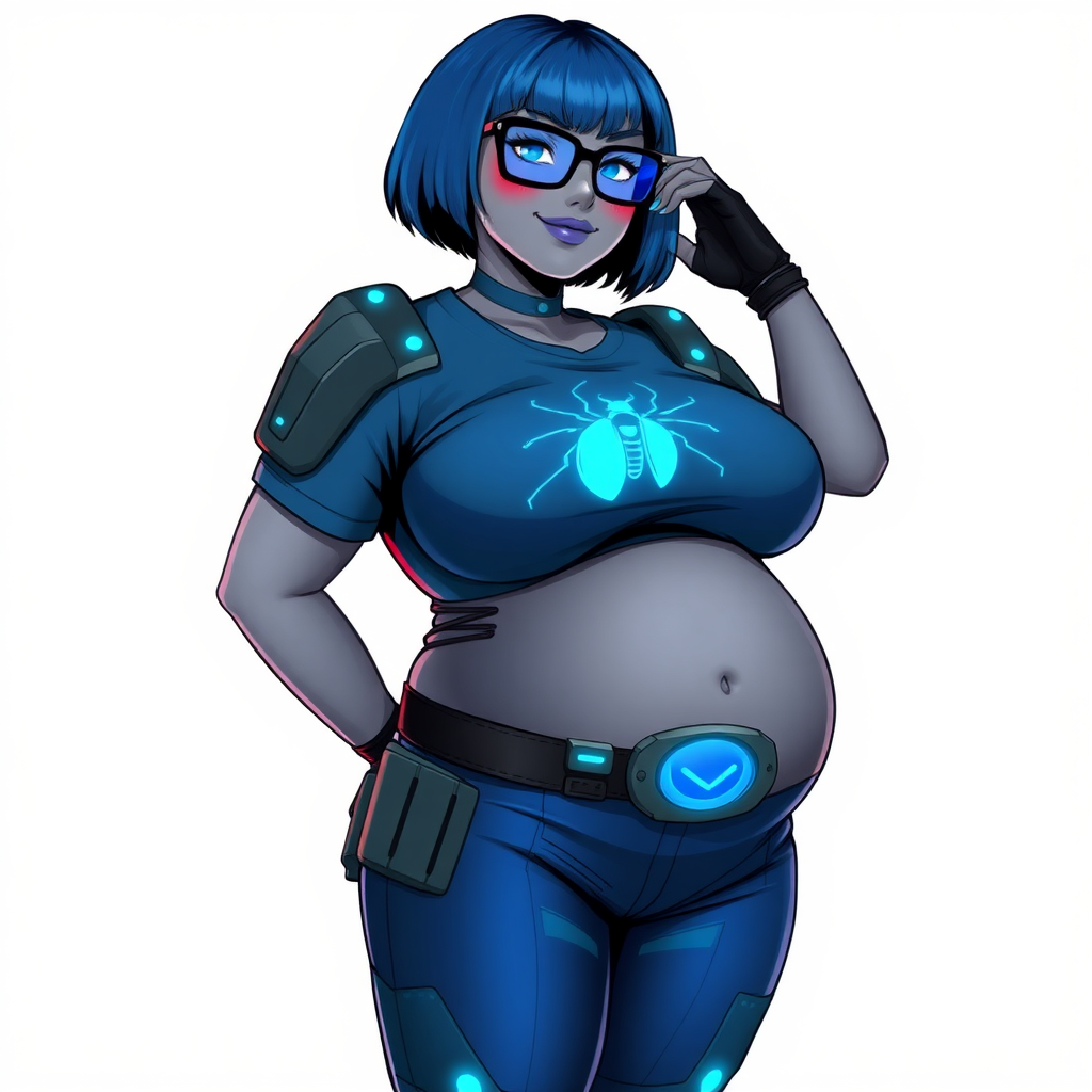 A 28-year-old, full-figured, metallic middle gray skinned computer program hybrid with a maximum blue bob cut. She has a non-athletic, full-figured build, highlighted by a prominent, round, large midsection (with full emphasis on her large belly). As the full-figured, nerdy, digital sidekick to her cyberpunk vigilante boyfriend, her middle gray metallic skin and maximum blue lipstick emphasize her digital nature. She wears a digital, computerized costume inspired by DC’s Carrie Kelly Robin, consisting of a huge, tight-fitting, maximum blue t-shirt with a neon blue glowing chest icon of a beetle, hi-tech shoulder pads with neon blue accents, a black hi-tech belt with a digital neon blue glowing buckle, digital maximum blue pants with neon blue accents, and black hi-tech fingerless biker gloves with neon blue glowing accents. Her bright blue eyes, black eyeglasses with glowing neon blue lenses with a built-in HUD, and shy smile with neon red blush accentuate her nerdiness. She stands bashfully with one hand behind her back and the other hand gently touching her cheek, her costume covering all her skin and emphasizing her full-figured physique (especially her belly). She is clearly non-athletic, with a heavy focus on her large belly. Despite her build, she radiates beauty. She has a slim face compared to her physique, accentuating her radiant beauty. She is on a solid white background. She is drawn as if she were in a retro 2D cyberpunk fighting game. Her full figure is on full display and fully emphasized.