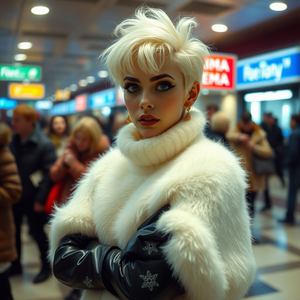 1990 winter evening, crowded cinema lobby: Sam, 19 years old beautiful involuntary femboy, rebellious intractable character, petite boyish figure, platinum blond boyish rebel punk hairstyle, flawless heavily made-up face with sharp arched tattooed eyebrows, wearing Supertanya-style fluffy very fuzzy bright white angora long turtleneck-poncho fully covering body and arms, black leather high-heeled thigh-high boots, gold earrings, puzzled alarmed, pout serious, impatiently waiting for her master. Focus on Sam’s face and turtleneck-poncho.