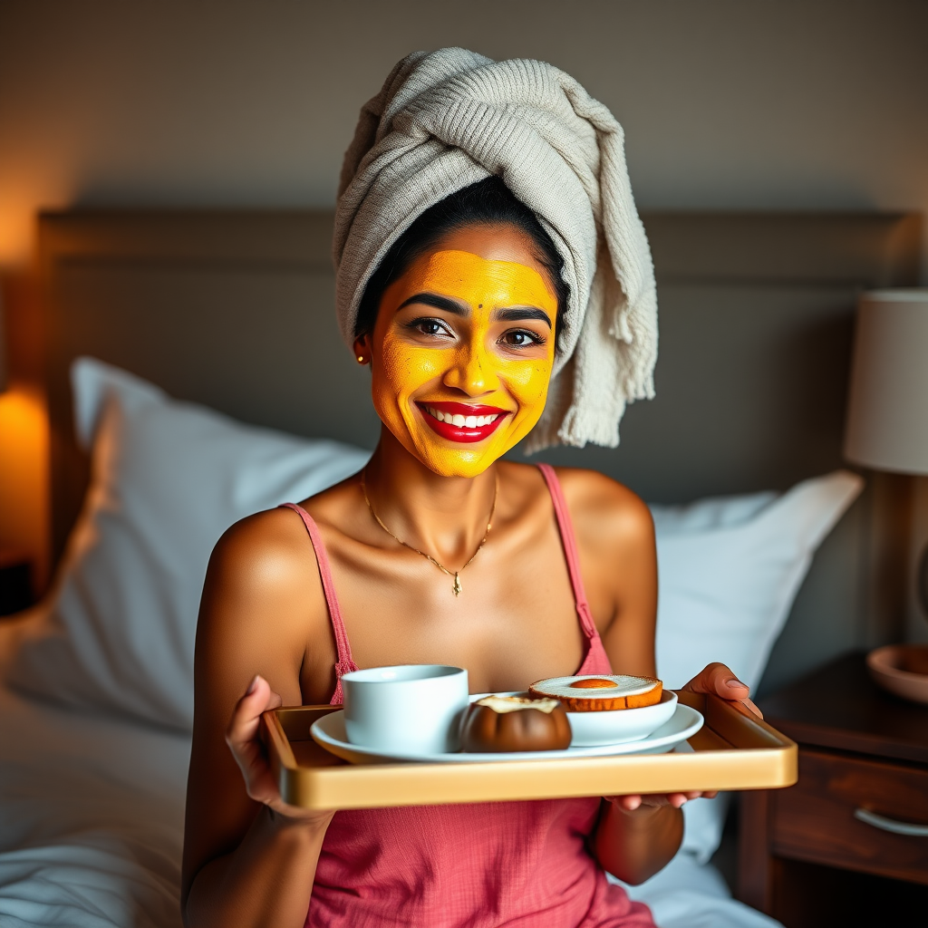 slim, 30 year old, indian wife, towel head, turmeric face mask. She is smiling and serving breakfast on a tray on bedside table