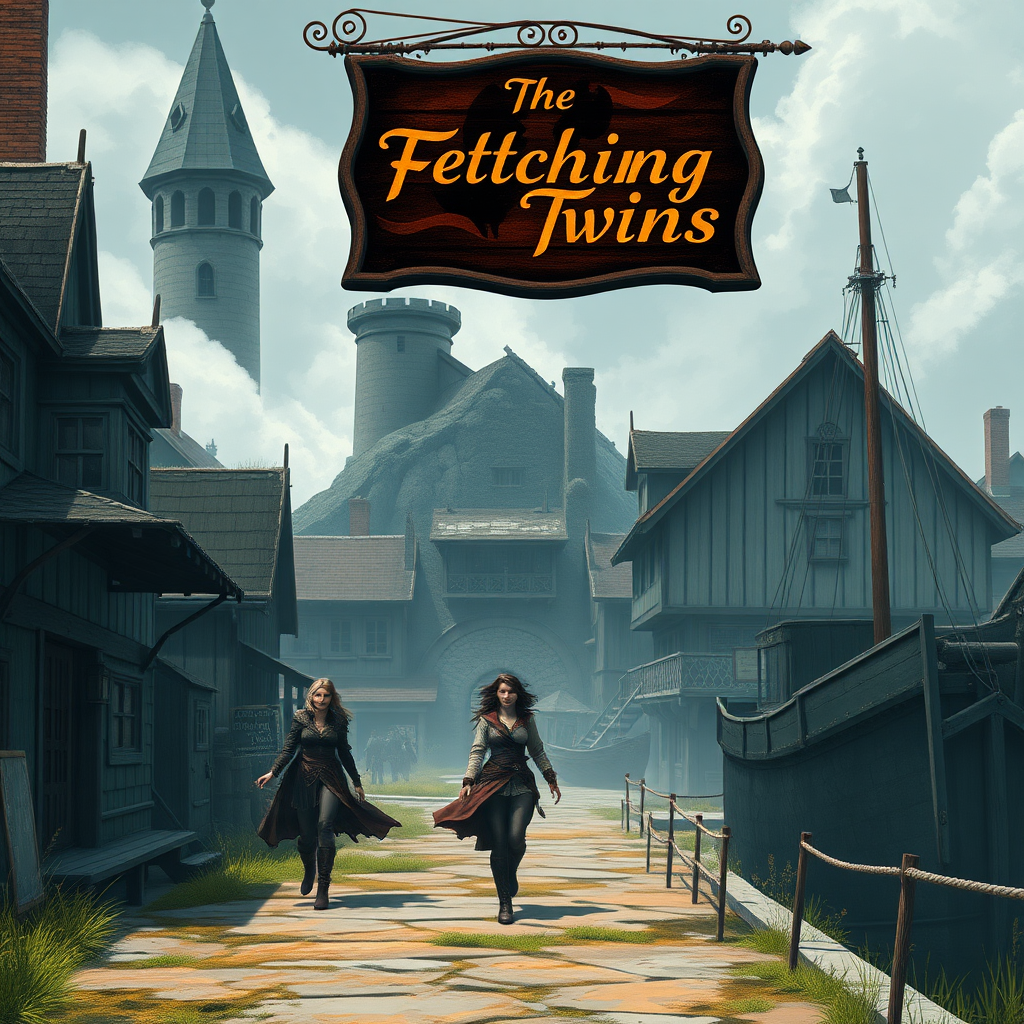 A wide distance shot of a female thief in a pastoral fantasy town. Mage tower in the background. She is fleeing from someone. Bar called "The Fetching Twins" sign (consisting of a silhouette of two women leaning together for a kiss). Village of Dryden, dock with a run down ship.