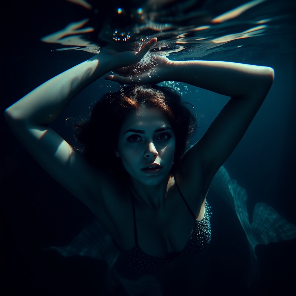 Mermaid floating underwater dark deep waters and dramatic lighting, crystal clear water her arms are up over her head stunning hd DSLR photography, she's facing the viewer looking down deeper into the water. intense and mysterious eye contact.