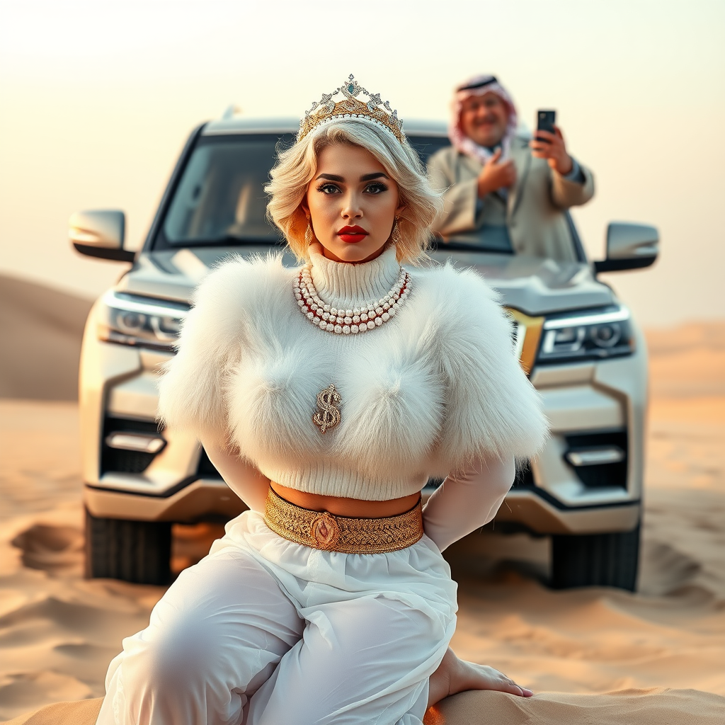 Kuwait desert dunes misty dawn, full size luxury SUV: Melissa, European 17 years old very convincing femboy “trophy-bimbo”, tamed servile docile, very beautiful feminine flawless face, rather short, by hormones very curvaceous womanly figured, platinum blond short tight curls, bold red lips, heavily made-up face, wearing Supertanya-style fluffy very fuzzy bright white angora turtleneck-poncho cropped ending under bust decorated with pearls and gemstones, striking oriental wide gold bridal protection belt, white fully transparent harem pants, full Oriental bridal jewelry with striking headpiece, full Oriental face-jewelry, striking diamond “$$$” letter brooch on left chest, pout frustrated, hands tied behind back, kneeling in sand in front of SUV, looking at camera. Focus on face and turtleneck-poncho. Standing behind leaning against SUV: older overweight mighty sheik laughing taking pictures with mobile phone.