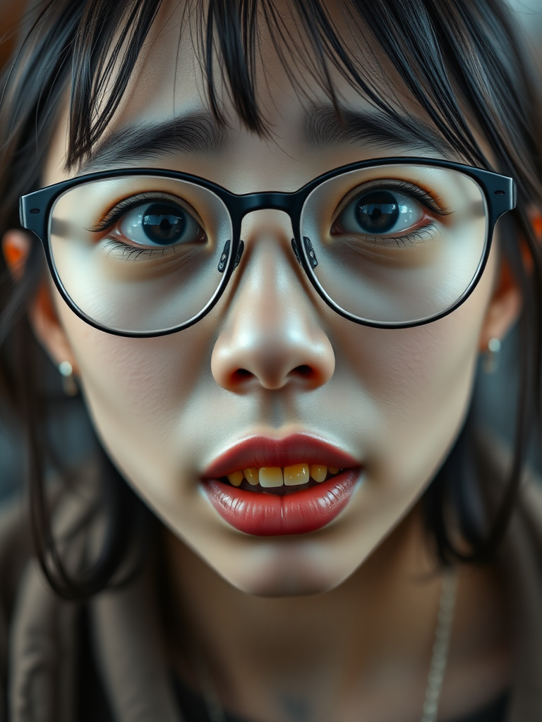 detailed, perfect proportion, high realism, real casual photo, japanese nerdy skinny woman with big nose, big mouth, big yellowish teeth, moles, big eyeglasses and medium hair, retarded, crying