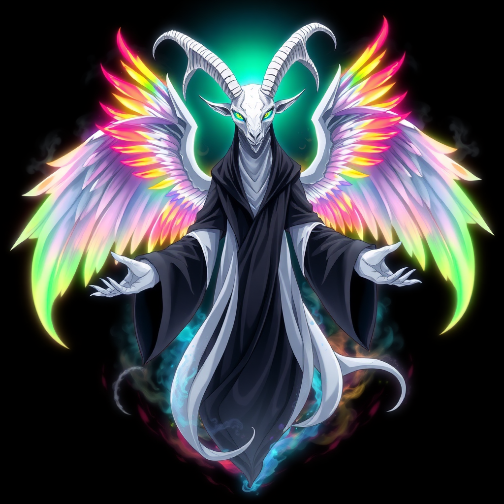 In an anime-styled artwork set against a deep black background, a towering humanoid figure reminiscent of a tall, white reptilian goat god commands attention, he is Yaldabaoth the Demiurge. Its striking rainbow-colored eyes shimmer with an ethereal light, framed by two majestic white goat horns that curve elegantly from its head. Draped in flowing black and white robes that ripple like smoke, the figure exudes an air of mystique and power. Surrounding its form is a chaotic, radiant aura that shifts through the colors of the rainbow, creating a mesmerizing spectacle. 

Three magnificent angelic wings, each a vibrant blend of rainbow hues, unfurl gracefully from its back, their feathers shimmering with an otherworldly glow. With hands outstretched as if inviting connection, the figure floats serenely in the void, its gaze locking onto the viewer with an intense, otherworldly presence that captivates and wrath.