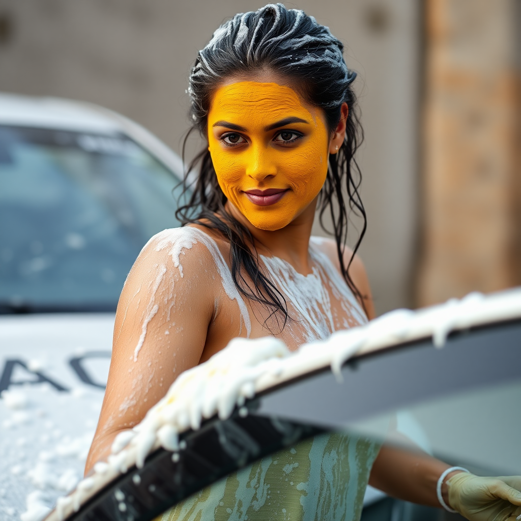 slim, curvy, 30 year old indian maid with hair covering, her face is covered with turmeric mask and body is covered with soap lather. she is washing a car