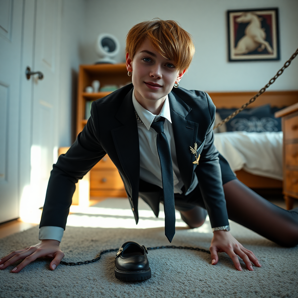 photorealistic, ultra high resolution, 16K, surreal fantasy, soft studio lighting, Tyler Swift is a pretty 18 year old goth male, slim male physique, auburn hair, goth makeup, earrings, shiny black pantyhose, school uniform shirt tie and blazer, Mary-Jane shoes, spikey neck collar chain and leash, on all fours in the bedroom, his boyfriend is holding the end of the leash, in daylight, excited smile, facing the camera.