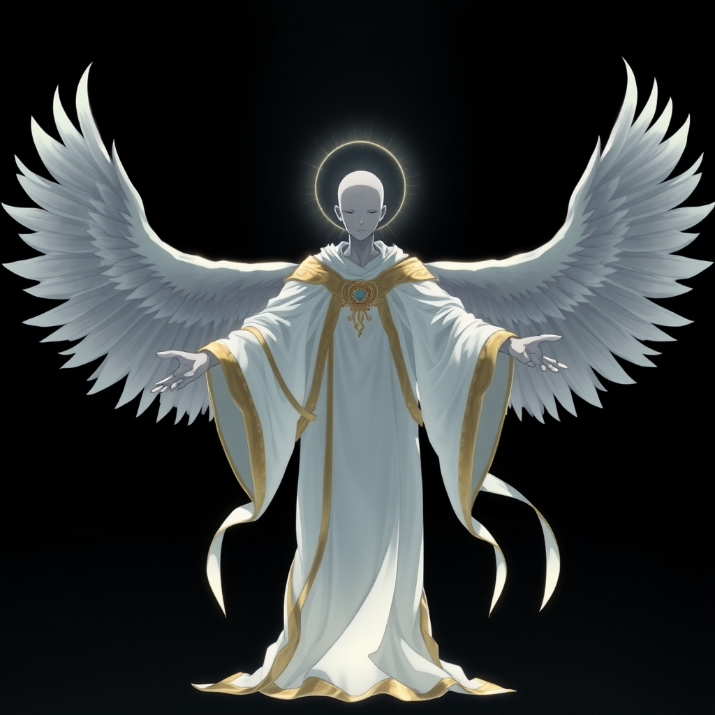 (Anime-styled art)  
Set against a deep, black background, a mysterious and godly being stands, radiating an aura of divine power. The figure is faceless, with smooth, grey skin that adds to its enigmatic presence. It is adorned in flowing white and gold robes, intricately detailed and illuminated by a soft, ethereal light. The being’s arms are outstretched, as if offering both guidance and judgment.

Two large, majestic white wings extend from its back, gracefully spread wide, while two smaller wings rest gently below them, adding a layered elegance to its celestial form. The entire composition evokes a sense of holiness and mystique, capturing the viewer's imagination with its serene yet powerful presence.