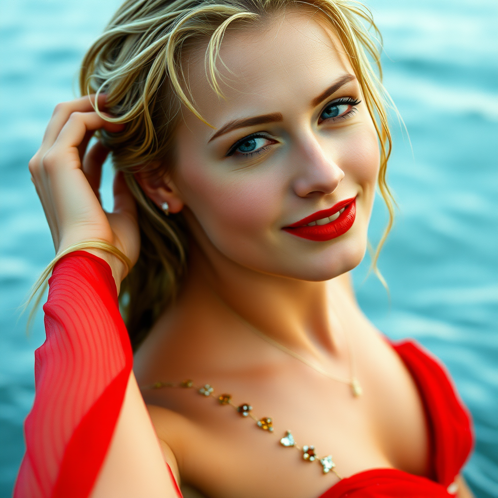 close up image of a twentysomething soaking wet woman, with seductive eyes and blonde wet hair posing for photos, standing in a the sea.. She is wearing a soaking wet red prom dress, with beading around the neckline and back. She has red lipstick, has a slight smile, has her head tilted back partially with her left hand behind her head,  Image taken in 2005, is messy, lo-fi,  hyperrealistic photograph from a fujifilm disposable camera. 320p resolution.