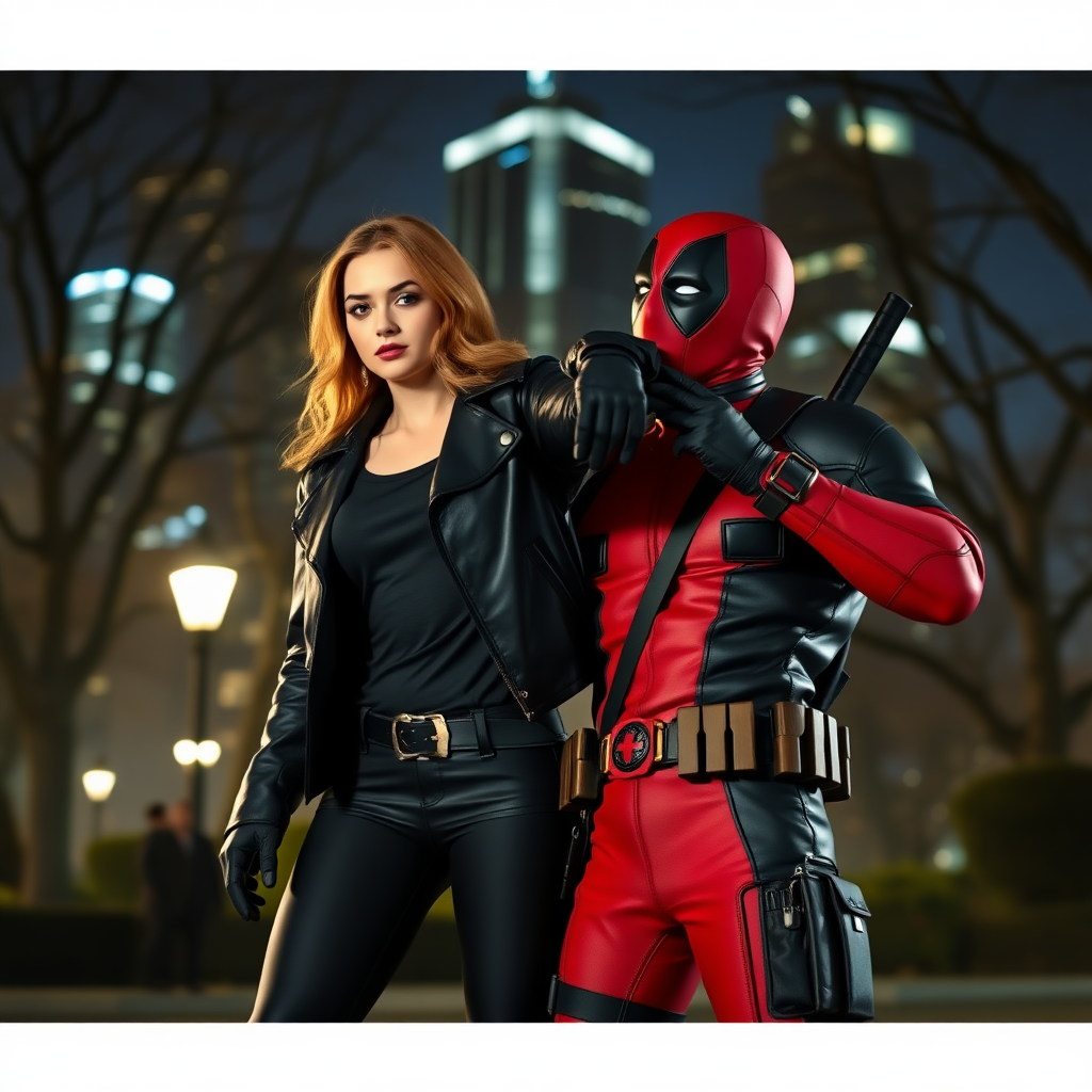 A beautiful angry female burglar in black leather jacket over black t-shirt with black pants and gloves slapping Deadpool in classic Deadpool suit in Manhattan park at night.