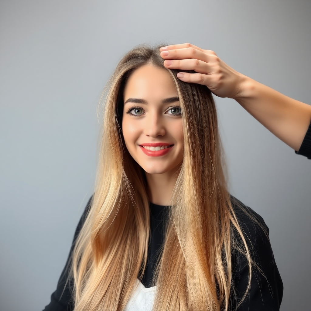 POV, beautiful very long haired blonde woman sitting in a hair salon smiling at the camera while I reach out from behind the camera to massage her scalp. Plain gray background.