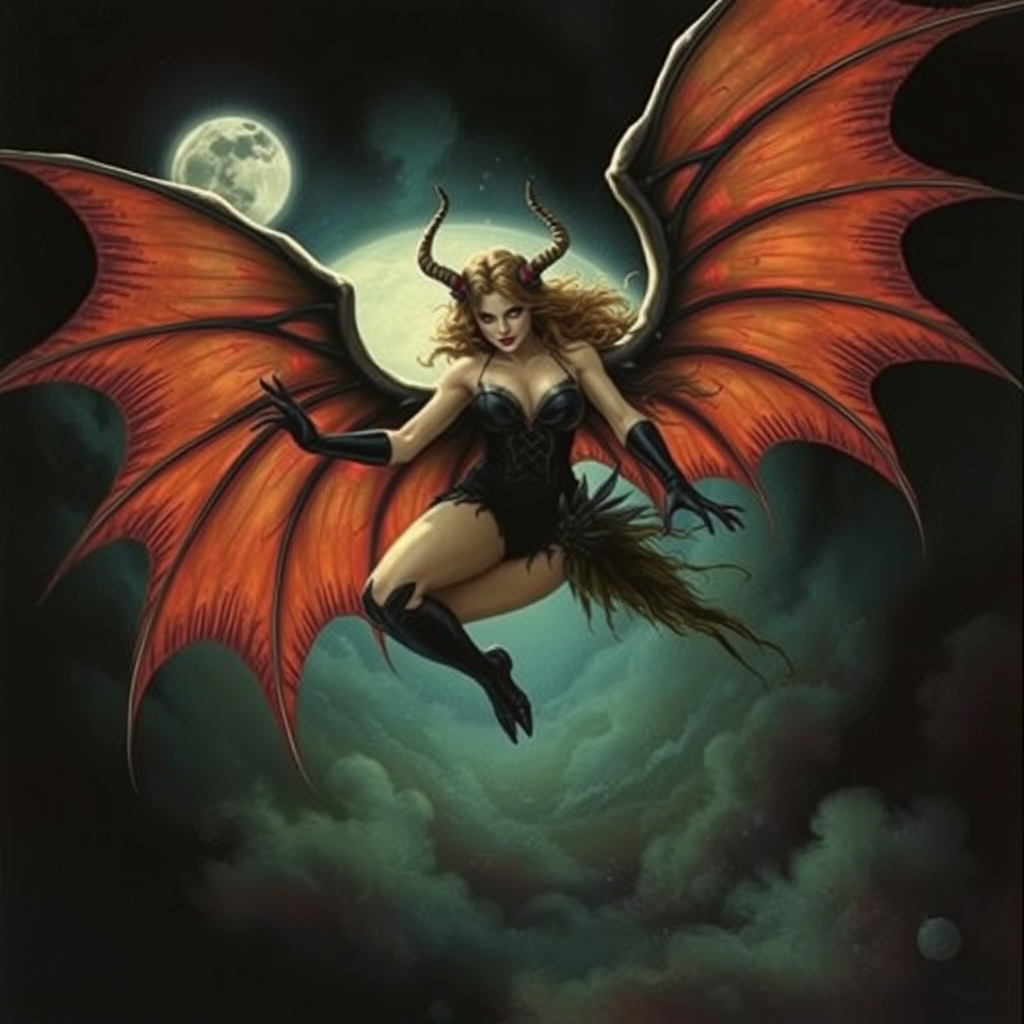 A beautiful winged succubus staring wickedly her outfit is designed to entice. She's flying high in a dark, moonlit sky. The wicked scene is dark and spooky with the art styling of Brian Froud. Cosplayed by a young vicious Drew Barrymore.