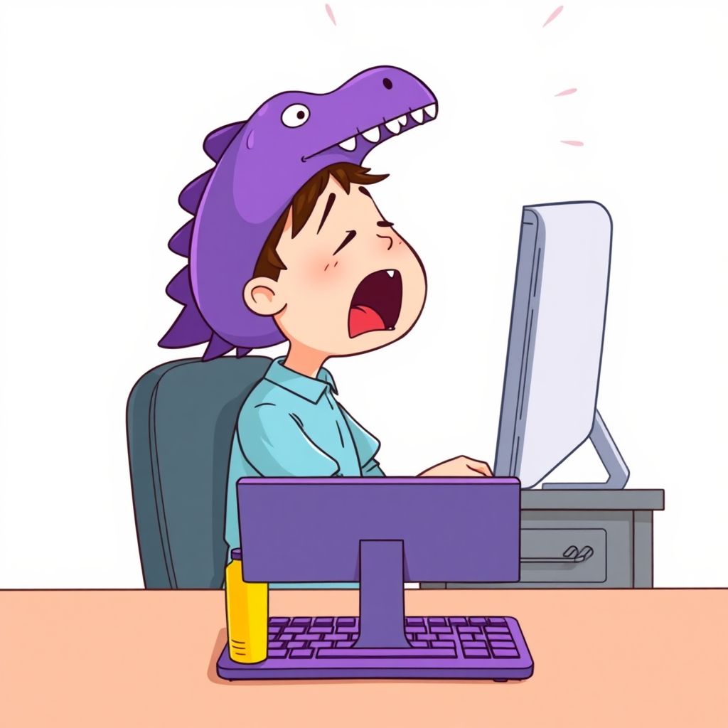 A high-quality illustration of a person sitting at a desk in front of a computer, yawning, with a purple dinosaur-themed cap and light blue shirt. The desk has a computer screen, a keyboard with purple keys, and a yellow bottle beside it. The view is the same as the original image with a light pink background and similar details, but the person now has a dinosaur cap instead of the original one.