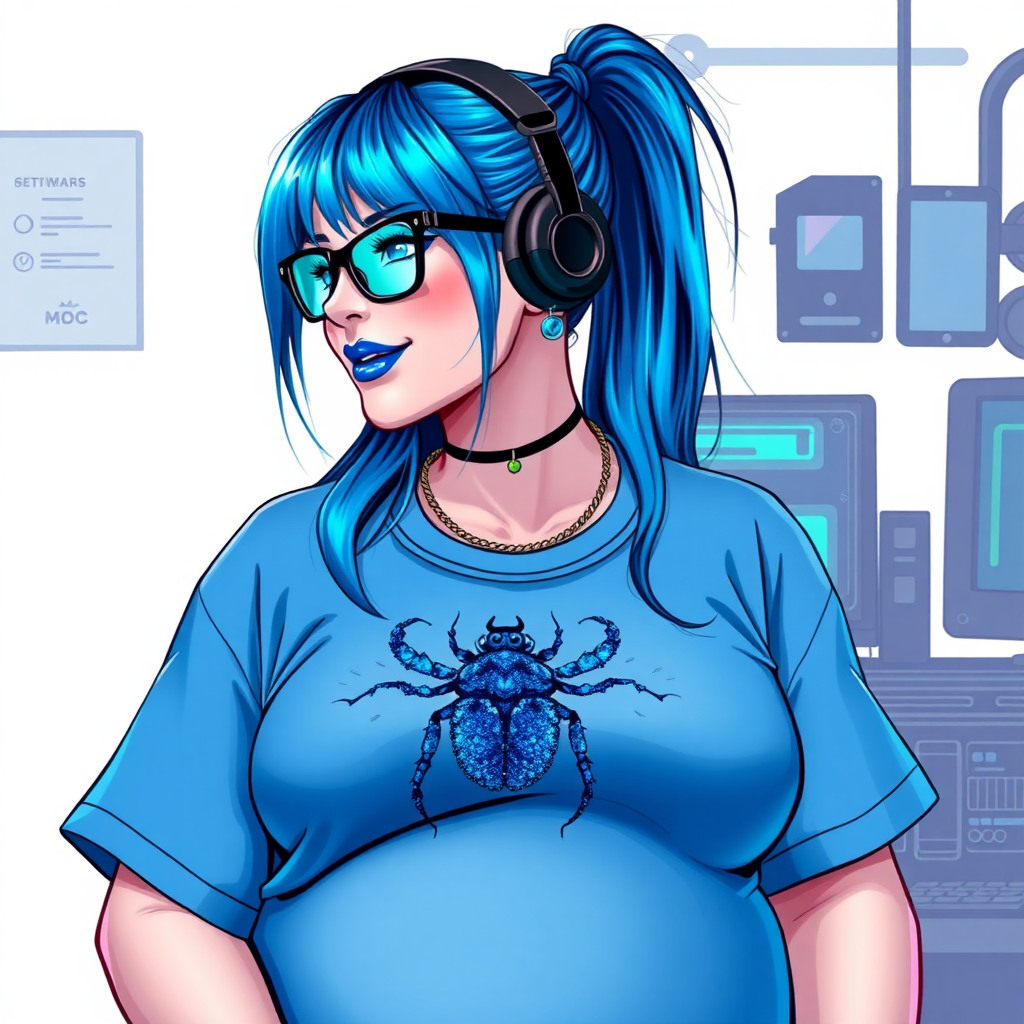 A cyberpunk vigilante’s full-figured intelligent and tech-savvy 28-year-old girlfriend, who is a computer hacker and tech genius. She has a long maximum blue ponytail. She wears maximum blue lipstick, bright blue eyes, a sapphire beetle gemstone necklace, sapphire earrings, black eyeglasses, and an oversized maximum blue t-shirt featuring a blue sapphire gemstone crusted chest icon of a beetle. She has a full-figured physique with a prominent, massive, round belly, reflecting her well-cared-for lifestyle. She sports a sapphire headset with a hi-tech maximum turquoise lensed HUD, and a shy smile with a neon red blush. She serves as his tech expert from his hideout, diligently working at her workbench and computer desk, while holding an electronic wrench and a holographic computer tablet. The background is solid white. She is drawn as if she was in a retro 2D cyberpunk fighting game. Ensure her maximum blue t-shirt covers her belly.