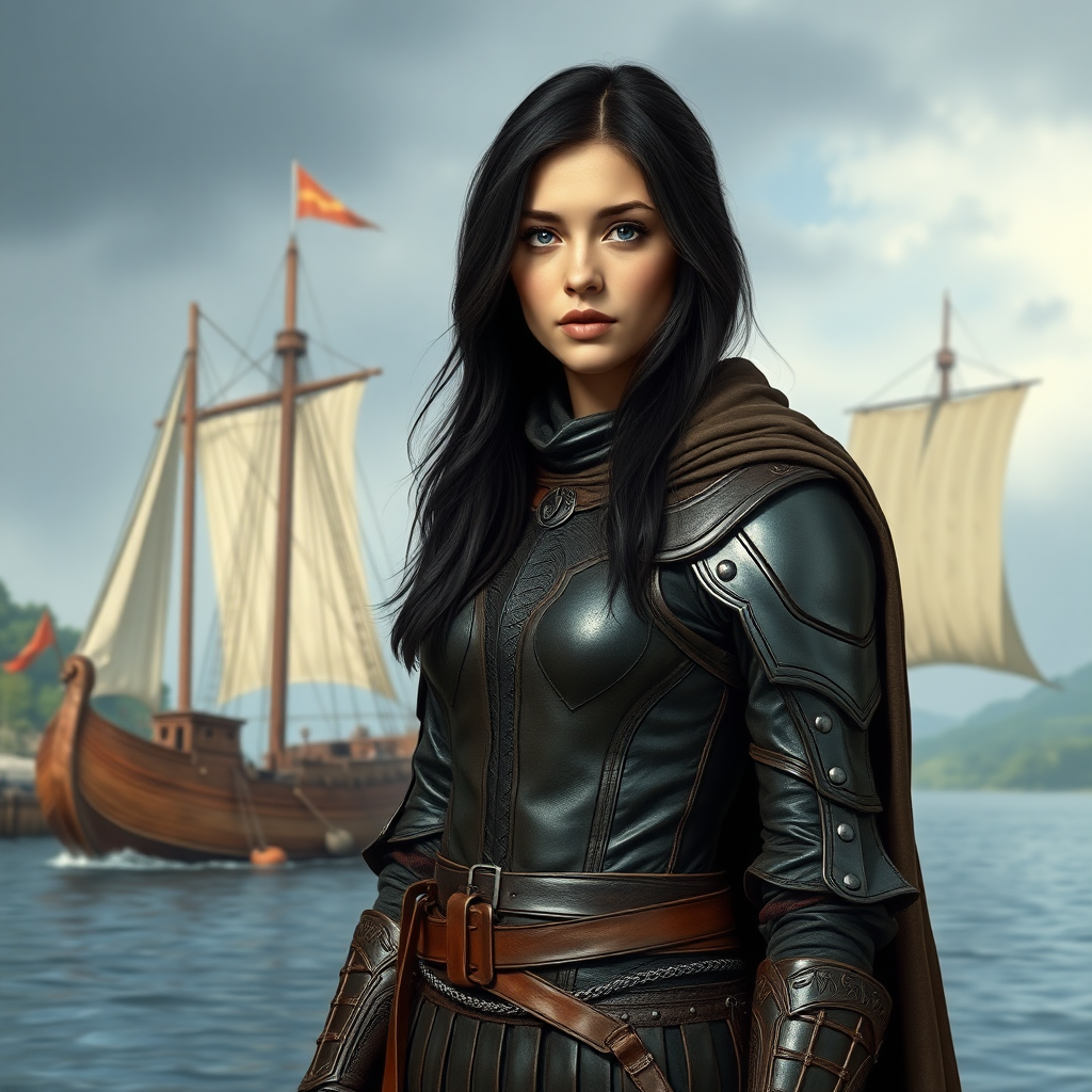 beautiful young woman, dark hair, past her shoulders, blue eyes, small, slim figure, wearing full leather armor suit, long cloak, with a large, wooden medieval ship in a large river below.