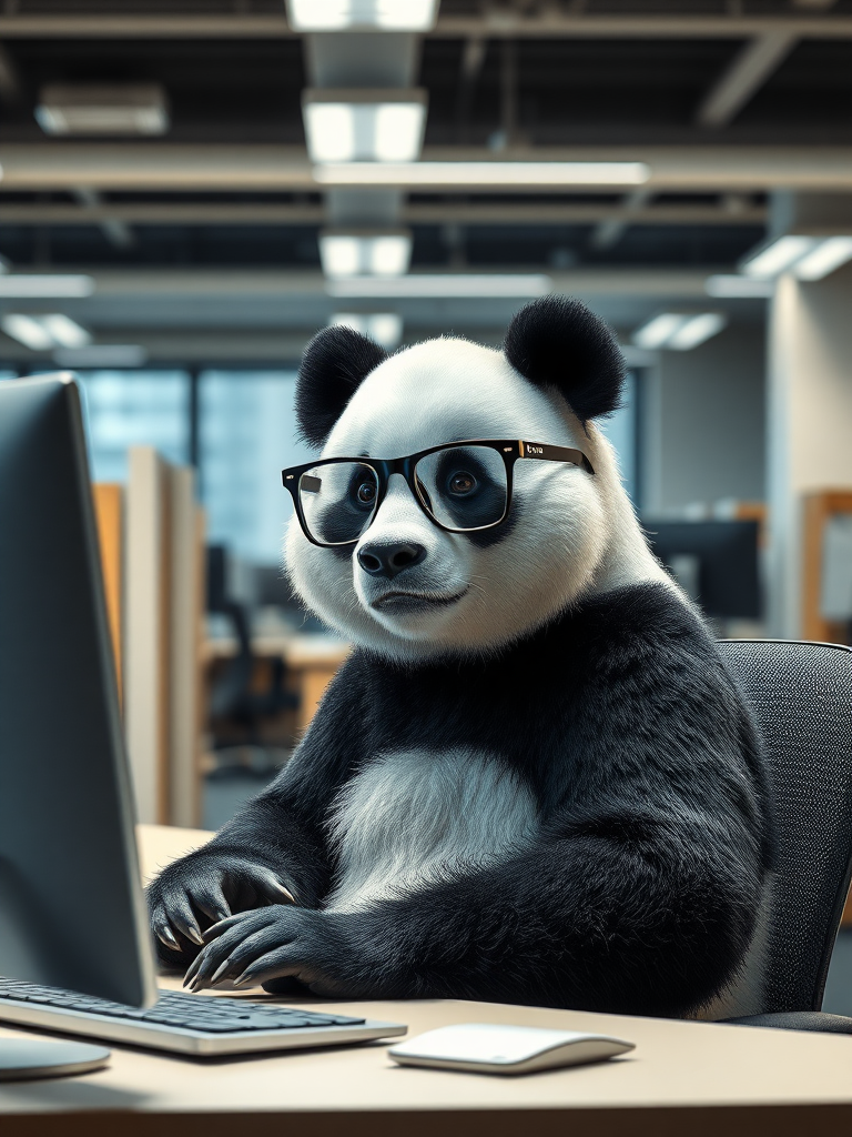 Panda bear wearing glasses sitting in front of a computer in an open space office inside his cubicle.