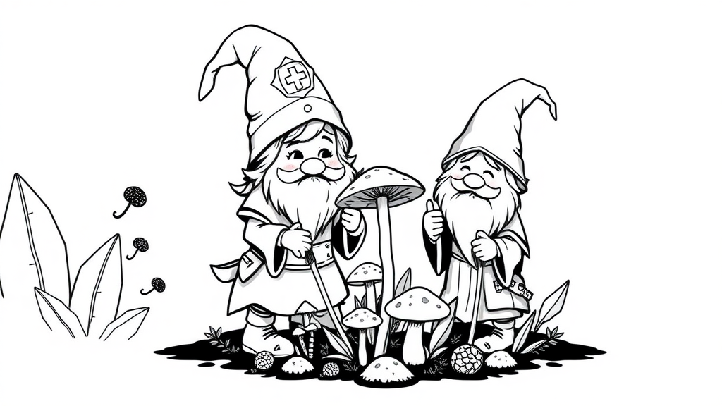 A fantasy Nurse Gnome and Wizard Gnome happily tending a mushroom garden. Black and White - no gradients or greys. Vector style, isolated on white