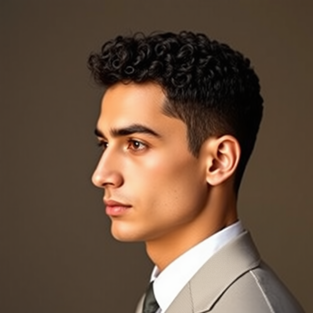 Model man in profile, very short fine curly hair, oval face, small nose, brown eyes, thin lips, normal attached ears, slight double chin, Mediterranean complexion, thin eyebrows, dressed in a light elegant suit, patent leather shoes.