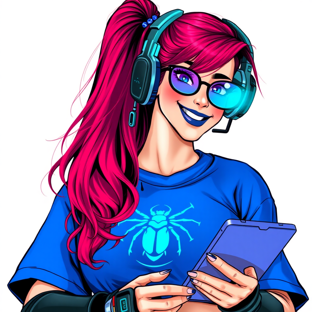 A cyberpunk vigilante’s intelligent and tech-savvy 29-year-old girlfriend, who is a computer hacker and tech genius. She has a long ruby red ponytail. She wears maximum blue lipstick, blue eyes, a sapphire beetle gemstone necklace, sapphire earrings, black eyeglasses, hi-tech metal arm armor, and an oversized maximum blue t-shirt featuring a neon blue glowing beetle chest icon. She has a full-figured, well-rounded physique with a prominent gargantuan midsection, reflecting her well-cared-for lifestyle. She sports a sapphire headset with a hi-tech maximum turquoise lensed HUD, and a beaming smile accentuated by a passionate neon red blush. She serves as his tech expert from his hideout, holding a futuristic tool wrench and a futuristic digital tablet. The background is solid white. She is drawn as if she was in a retro 2D cyberpunk fighting game.