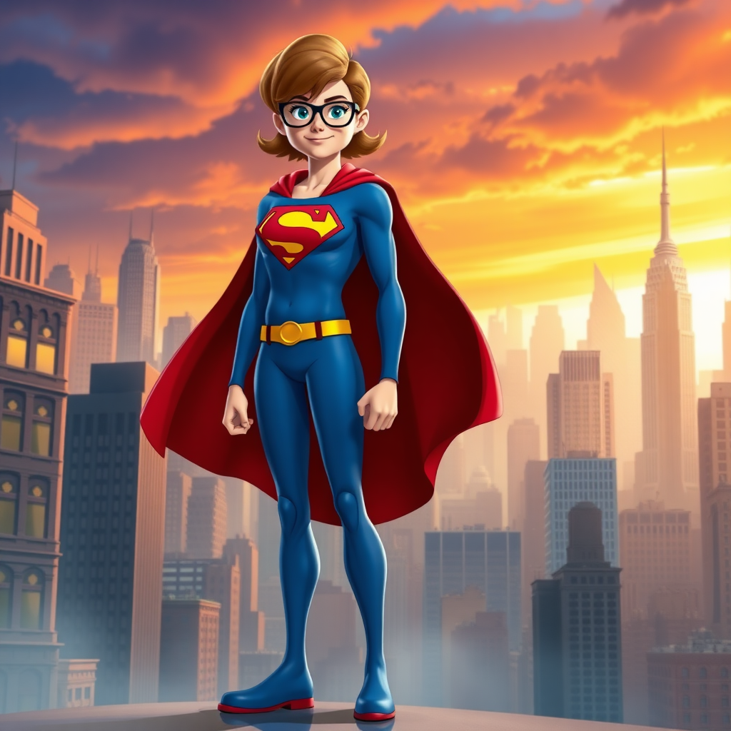 Generate a full-length rendered image of a hybrid character combining Velma Dinkley’s head and hair with the male body type of Superman. Alter the iconic costume to fit the new proportions, maintaining Velma’s signature colors and style. Design the background to blend elements from the Mystery Inc. universe and Superman's Metropolis, showcasing a vibrant cityscape with hints of mystery. The scene should feel dynamic and imaginative, reflecting both characters' personalities and worlds.