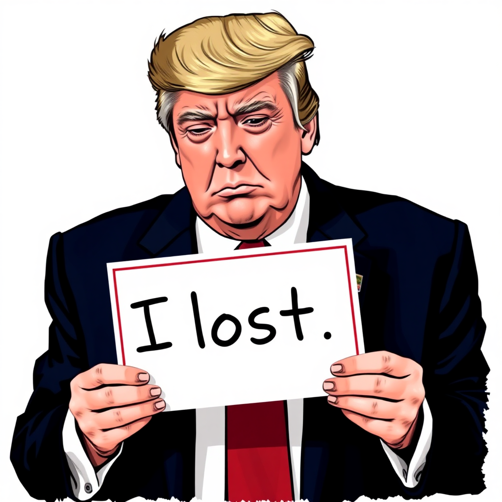 Crying Donald Trump holding a sign saying "I lost."