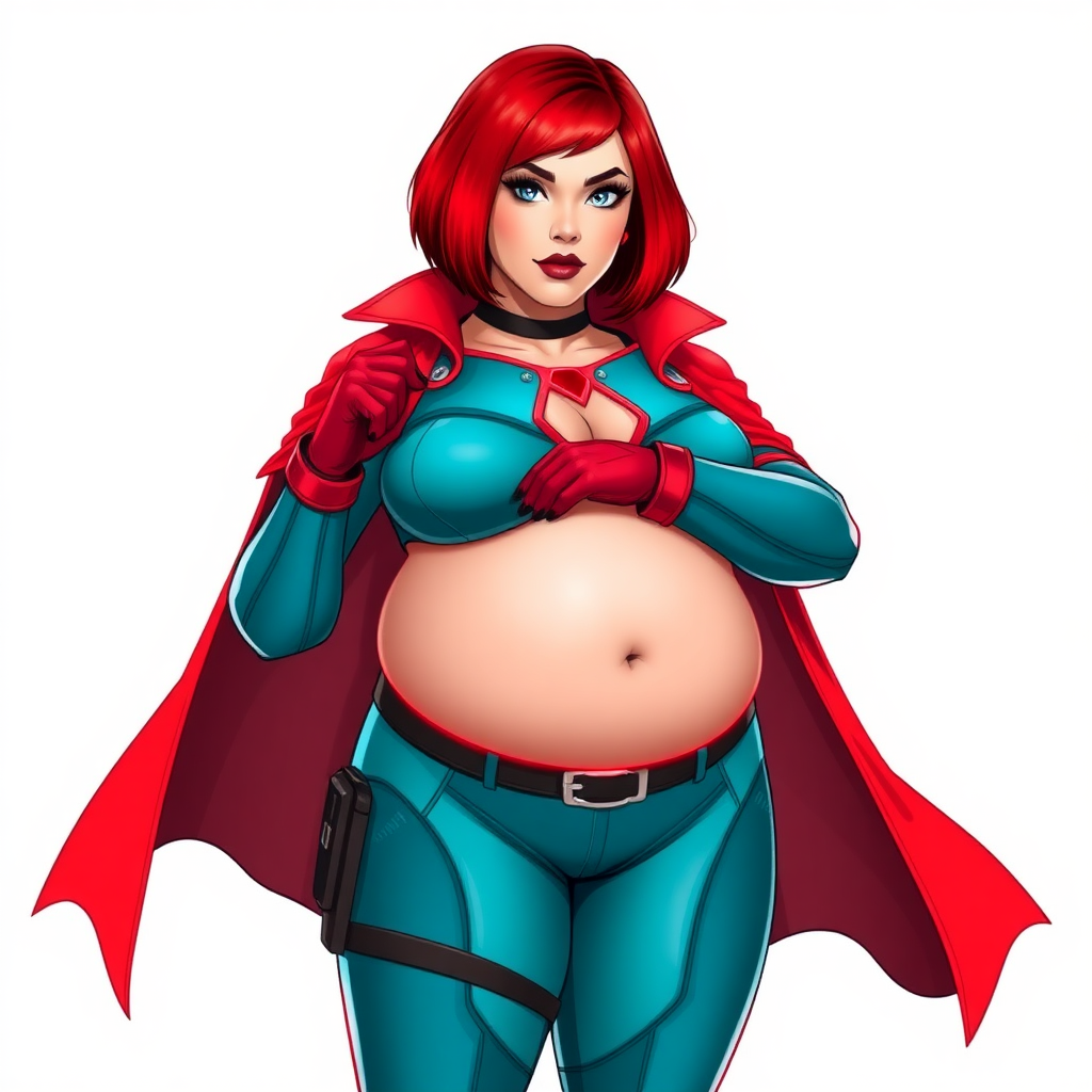 A 26-year-old heavy-set, mystical vigilante detective with a bright red bob cut, black lipstick, and piercing bright blue eyes. She has a new non-athletic build, now highlighted by a prominent, round, gargantuan midsection (with the full emphasis on her gargantuan belly), which shows the aftermath of her vigilante big brother figure's pampering. Despite her new physique, she displays her usual confidence. She wears a high-tech, tight-fitting, maximum turquoise biker suit (accentuating her gargantuan belly), complemented by a glowing neon red cape and high-tech red gloves. Her stance is firm and resolute, arms crossed, exuding a no-nonsense attitude. Her costume reflects the influence of DC New 52 Prime Earth’s Phantom Lady, Jennifer Knight, while her pose embodies the moral ambiguity and determination reminiscent of DC’s Pax Americana’s The Question. She is on a solid white background. She is drawn as if she was in a retro 2D cyberpunk fighting game. She is clearly non-athletic, with a focus on her full-figured physique.