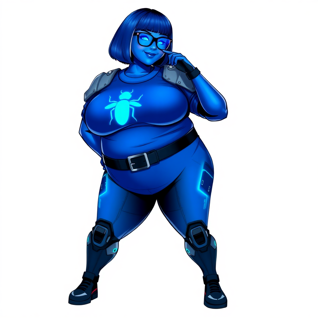 A 28-year-old, full-figured, metallic maximum blue (5PB 5/10) skinned computer program hybrid with a maximum blue bob cut. She has a non-athletic build, highlighted by a prominent, round, large midsection (with heavy emphasis on her belly), which shows the effects of her love of junk food acquired from her boyfriend. As the full-figured, nerdy, digital sidekick to her cyberpunk vigilante boyfriend, her metallic maximum blue skin and maximum blue lipstick (5PB 5/12) emphasize her digital nature. Her skin has a subtle, animated glow, with digital patterns occasionally flickering across it, making her digital nature obvious. She wears a digital, computerized costume, consisting of a huge, tight-fitting, maximum blue t-shirt (5PB 5/12) with a neon blue glowing chest icon of a beetle, hi-tech shoulder pads with neon blue accents, a black hi-tech belt with a digital neon blue glowing buckle, digital maximum blue pants (5PB 5/12) with neon blue accents, and black hi-tech fingerless biker gloves with neon blue glowing accents. Her neon blue glowing eyes, black eyeglasses with neon blue glowing lenses equipped with a built-in HUD, and bashful smile with neon red blush accentuate her nerdiness. She stands bashfully with one hand behind her back and the other hand gently touching her cheek, her costume covering all her skin and fully emphasizing her full-figured physique (especially her belly). She is clearly non-athletic, with a focus on her full-figured physique. Despite her build, she radiates beauty. She has a slim face compared to her physique, accentuating her radiant beauty. She is on a solid white background. She is drawn as if she were in a retro 2D cyberpunk fighting game. Ensure her skin has a maximum blue (5PB 5/10) skin tone.